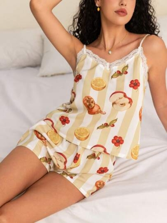 SHEIN Touch of Art Women's Floral, Striped, Lace Cami Top And Shorts Sleepwear Set With Joris Hoefnagel Fruit & Flower Illustration Print, Romantic Vintage Casual Comfortable, Spring & Summer