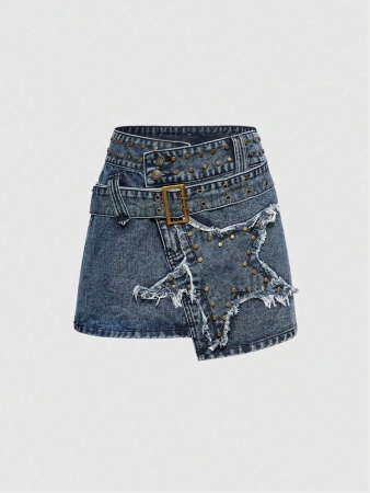 ROMWE Grunge Punk Women's Punk Emo Dark A-Line Cross Studded Denim Mini Skirt - Image 2