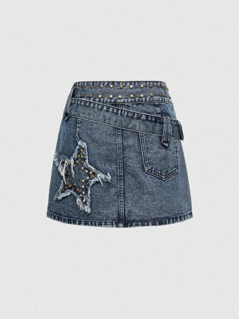 ROMWE Grunge Punk Women's Punk Emo Dark A-Line Cross Studded Denim Mini Skirt - Image 3