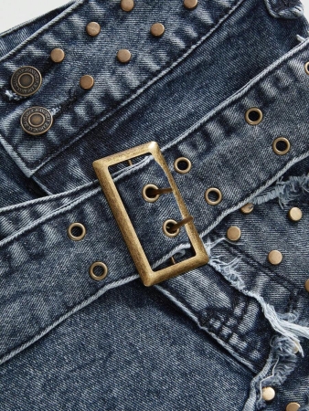 ROMWE Grunge Punk Women's Punk Emo Dark A-Line Cross Studded Denim Mini Skirt - Image 4