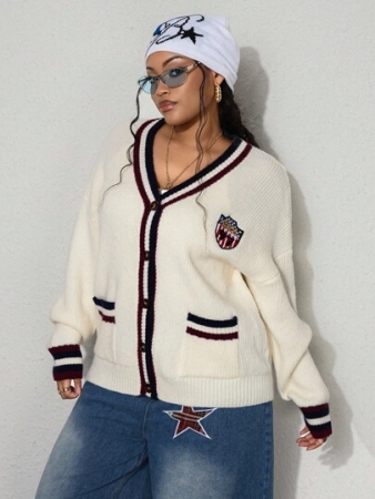 ROMWE Street Life Plus Size V-Neck Cardigan With Campus & Street Badge Design, Plus Size
