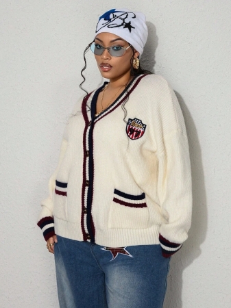 ROMWE Street Life Plus Size V-Neck Cardigan With Campus & Street Badge Design, Plus Size - Image 5