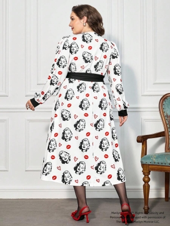 Marilyn Monroe X SHEIN Plus Size Women's Elegant Style Portrait & Red Lip Print Cinched Waist White Dress, Autumn - Image 3