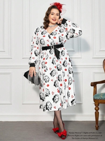 Marilyn Monroe X SHEIN Plus Size Women's Elegant Style Portrait & Red Lip Print Cinched Waist White Dress, Autumn - Image 4