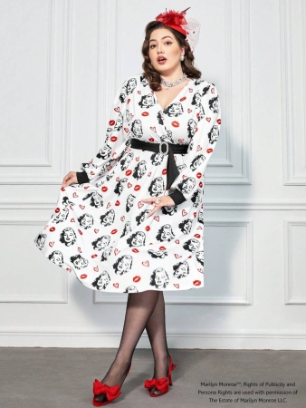 Marilyn Monroe X SHEIN Plus Size Women's Elegant Style Portrait & Red Lip Print Cinched Waist White Dress, Autumn - Image 5