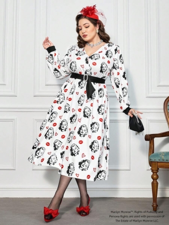 Marilyn Monroe X SHEIN Plus Size Women's Elegant Style Portrait & Red Lip Print Cinched Waist White Dress, Autumn - Image 6
