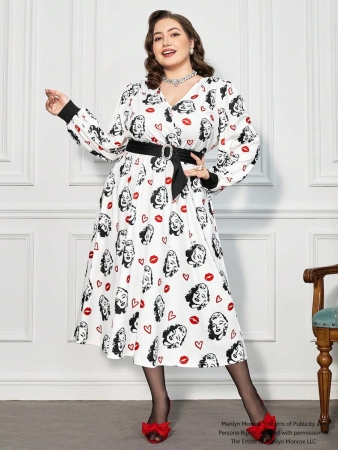 Marilyn Monroe X SHEIN Plus Size Women's Elegant Style Portrait & Red Lip Print Cinched Waist White Dress, Autumn - Image 7
