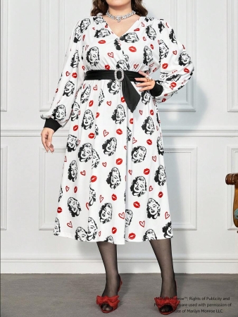 Marilyn Monroe X SHEIN Plus Size Women's Elegant Style Portrait & Red Lip Print Cinched Waist White Dress, Autumn - Image 8