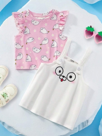 SEALOOK X SHEIN 2pcs Baby Girl Sweet Cute Seal Graphic Pink Cap Sleeve T-Shirt And Adjustable Strap A-Line Dress Set - Image 2