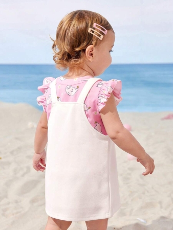SEALOOK X SHEIN 2pcs Baby Girl Sweet Cute Seal Graphic Pink Cap Sleeve T-Shirt And Adjustable Strap A-Line Dress Set - Image 3