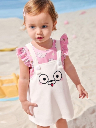 SEALOOK X SHEIN 2pcs Baby Girl Sweet Cute Seal Graphic Pink Cap Sleeve T-Shirt And Adjustable Strap A-Line Dress Set - Image 4