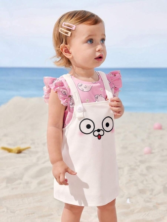 SEALOOK X SHEIN 2pcs Baby Girl Sweet Cute Seal Graphic Pink Cap Sleeve T-Shirt And Adjustable Strap A-Line Dress Set - Image 5
