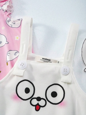 SEALOOK X SHEIN 2pcs Baby Girl Sweet Cute Seal Graphic Pink Cap Sleeve T-Shirt And Adjustable Strap A-Line Dress Set - Image 6