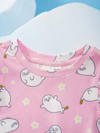 SEALOOK X SHEIN 2pcs Baby Girl Sweet Cute Seal Graphic Pink Cap Sleeve T-Shirt And Adjustable Strap A-Line Dress Set - Image 7