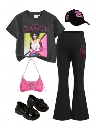 Whitney Houston X SHEIN Young Girl Rocker Graphic Grey Casual Versatile Short Sleeve T-Shirt & Black Skinny Flare Pants