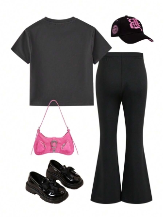 Whitney Houston X SHEIN Young Girl Rocker Graphic Grey Casual Versatile Short Sleeve T-Shirt & Black Skinny Flare Pants - Image 3