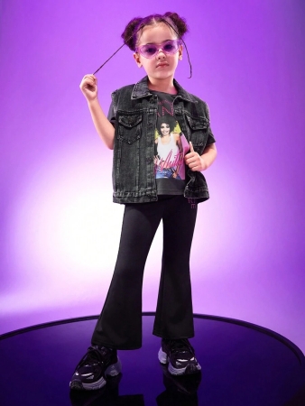 Whitney Houston X SHEIN Young Girl Rocker Graphic Grey Casual Versatile Short Sleeve T-Shirt & Black Skinny Flare Pants - Image 4