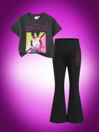 Whitney Houston X SHEIN Young Girl Rocker Graphic Grey Casual Versatile Short Sleeve T-Shirt & Black Skinny Flare Pants - Image 6