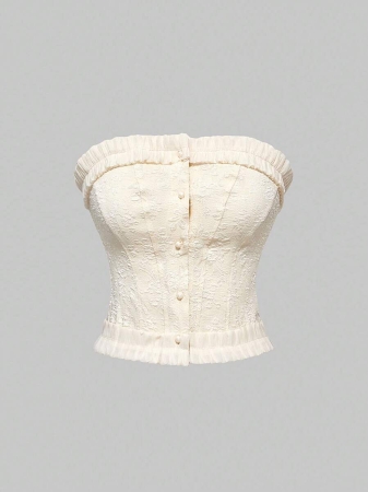 ROMWE Kawaii Plain Color Frill Trim Tube Top Bandeau Top - Image 2