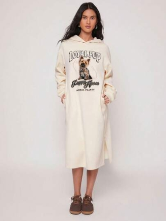 Animal Planet X SHEIN Women Casual Street Yorkie Dog & Letter Print Drop Shoulder Loose Hooded Mid-Length Sweatshirt Dress, Spring/Autumn