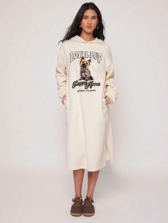 Animal Planet X SHEIN Women Casual Street Yorkie Dog & Letter Print Drop Shoulder Loose Hooded Mid-Length Sweatshirt Dress, Spring/Autumn - Image 2