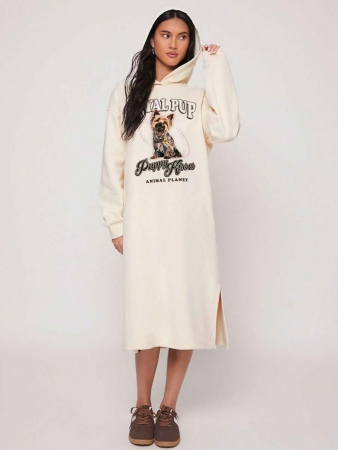 Animal Planet X SHEIN Women Casual Street Yorkie Dog & Letter Print Drop Shoulder Loose Hooded Mid-Length Sweatshirt Dress, Spring/Autumn - Image 4