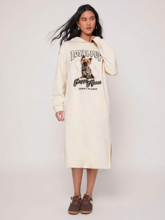 Animal Planet X SHEIN Women Casual Street Yorkie Dog & Letter Print Drop Shoulder Loose Hooded Mid-Length Sweatshirt Dress, Spring/Autumn - Image 5