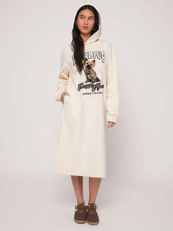 Animal Planet X SHEIN Women Casual Street Yorkie Dog & Letter Print Drop Shoulder Loose Hooded Mid-Length Sweatshirt Dress, Spring/Autumn - Image 6