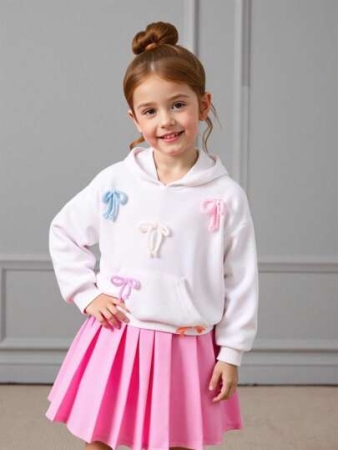 Girls (Small) Cute Multi-Color Bow Hooded Long Sleeve White Fashion Sweatshirt Paired With Pink Pleated Comfortable Skirt T-Shirt Set, Autumn/Winter