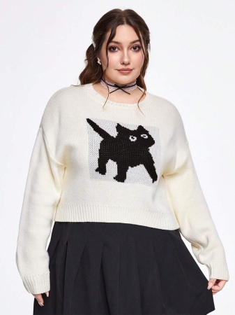 ROMWE Kawaii Plus Size Women's Cartoon Cat Drop Shoulder Crew Neck Sweater, Autumn/Winter - Image 2