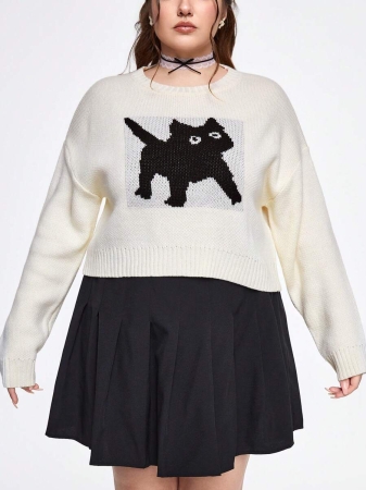 ROMWE Kawaii Plus Size Women's Cartoon Cat Drop Shoulder Crew Neck Sweater, Autumn/Winter - Image 3