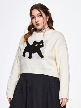 ROMWE Kawaii Plus Size Women's Cartoon Cat Drop Shoulder Crew Neck Sweater, Autumn/Winter - Image 4