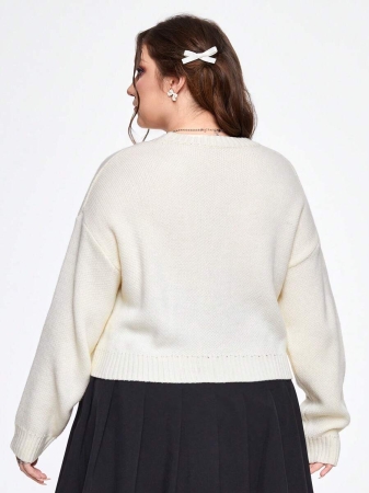 ROMWE Kawaii Plus Size Women's Cartoon Cat Drop Shoulder Crew Neck Sweater, Autumn/Winter - Image 5