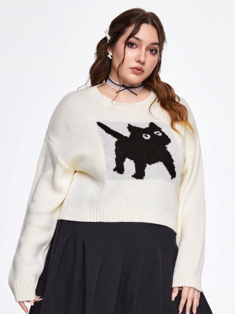 ROMWE Kawaii Plus Size Women's Cartoon Cat Drop Shoulder Crew Neck Sweater, Autumn/Winter - Image 6