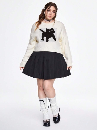 ROMWE Kawaii Plus Size Women's Cartoon Cat Drop Shoulder Crew Neck Sweater, Autumn/Winter - Image 7