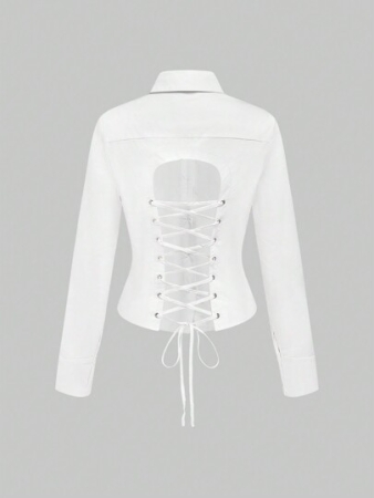 ROMWE Grunge Punk Y2K Backless Cross Strap Cinched Waist Shirt