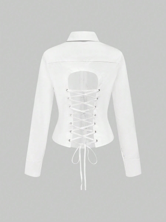 ROMWE Grunge Punk Y2K Backless Cross Strap Cinched Waist Shirt - Image 2