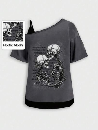 ROMWE Goth Dark Gothic Skull Letter Print Oblique Shoulder Loose T-Shirt For Women