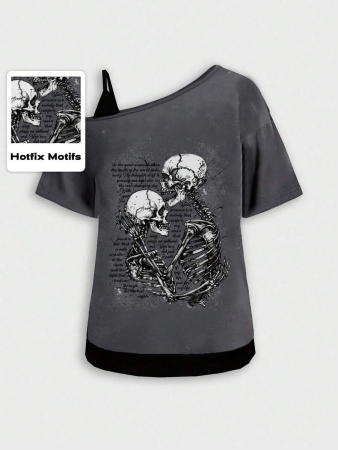 ROMWE Goth Dark Gothic Skull Letter Print Oblique Shoulder Loose T-Shirt For Women - Image 2