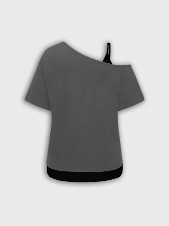 ROMWE Goth Dark Gothic Skull Letter Print Oblique Shoulder Loose T-Shirt For Women - Image 3