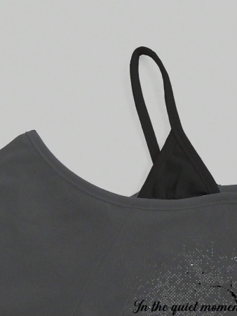 ROMWE Goth Dark Gothic Skull Letter Print Oblique Shoulder Loose T-Shirt For Women - Image 5