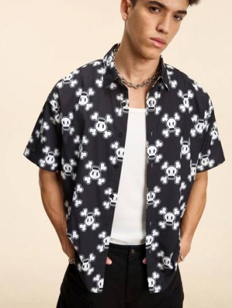 Paul Frank X SHEIN Men's Skurvy Print Button Front Casual Short Sleeve Shirt, Suitable For Summer