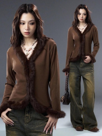 Bloopia Bloopia Maillard Distressed Chic Women Frayed Trim Fitted Long Sleeve Cardigan Sweater, Autumn/Winter, Halloween - Image 2