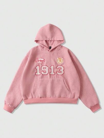 ROMWE MEN Street Life Men's Casual Fashionable Prep Street Hoodie With Number & Letter Embroidery, Waffle Fabric Pocket