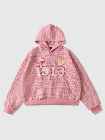 ROMWE MEN Street Life Men's Casual Fashionable Prep Street Hoodie With Number & Letter Embroidery, Waffle Fabric Pocket - Image 2