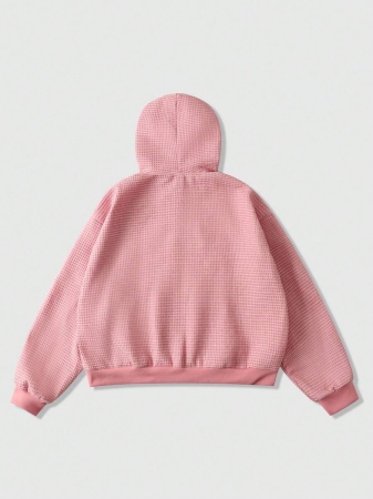 ROMWE MEN Street Life Men's Casual Fashionable Prep Street Hoodie With Number & Letter Embroidery, Waffle Fabric Pocket - Image 4