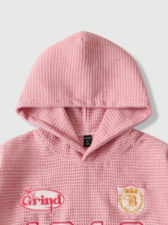 ROMWE MEN Street Life Men's Casual Fashionable Prep Street Hoodie With Number & Letter Embroidery, Waffle Fabric Pocket - Image 5