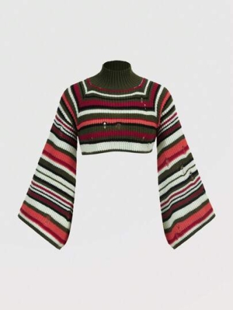 ROMWE Hippie Vintage Color Block Short Flared Sleeve Turtleneck Distressed Long Sleeve Sweater