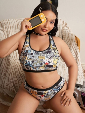 Astro Boy X SHEIN Lus Size Black Comfy Cartoon Print Removable Soft Cup Bra And Briefs Underwear Set, Sport, Yoga,Workout Sets - Image 4