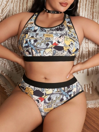 Astro Boy X SHEIN Lus Size Black Comfy Cartoon Print Removable Soft Cup Bra And Briefs Underwear Set, Sport, Yoga,Workout Sets - Image 6